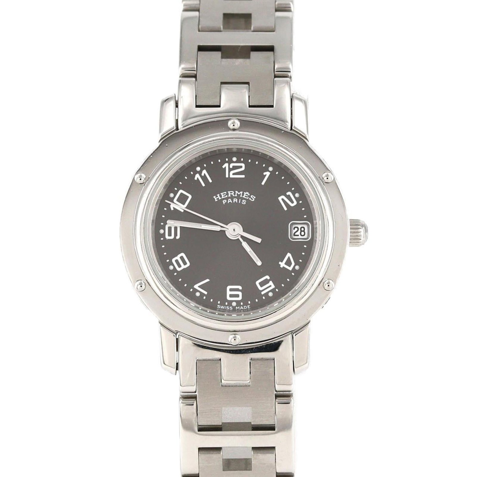 Hermes Wristwatch: Hermes Wristwatch Stainless steel case and band provide a sleek, modern look for the Herm?s wristwatch. The analog display features a gray dial with a diameter of 24mm, making it suitable for wrists u