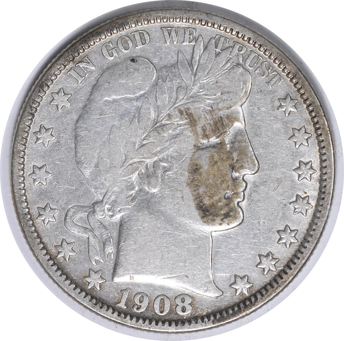 Uncertified VF 1908 O Silver Barber Half Dollar: Uncertified VF 1908 O Silver Barber Half Dollar The 1908 O Silver Barber Half Dollar is a circulated coin with a distinct 'O' mint mark, indicating it was produced at the Philadelphia Mint. This coin 