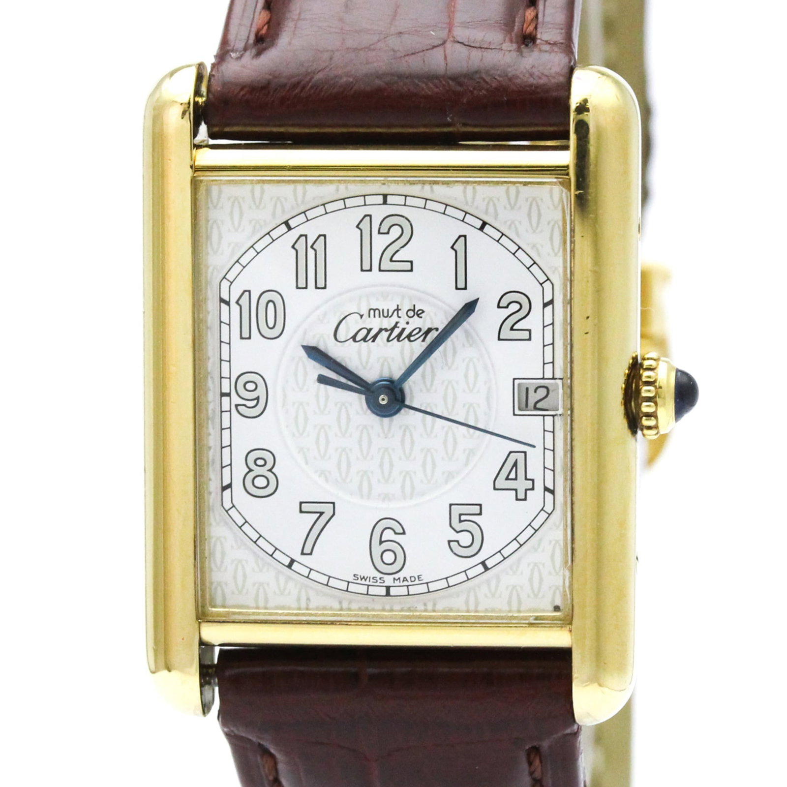 Cartier Wristwatch: Cartier Wristwatch The Cartier Wristwatch boasts a sleek, gold-plated case and a white leather band, making it a stylish accessory for formal occasions. Its quartz movement ensures accurate timekeepin