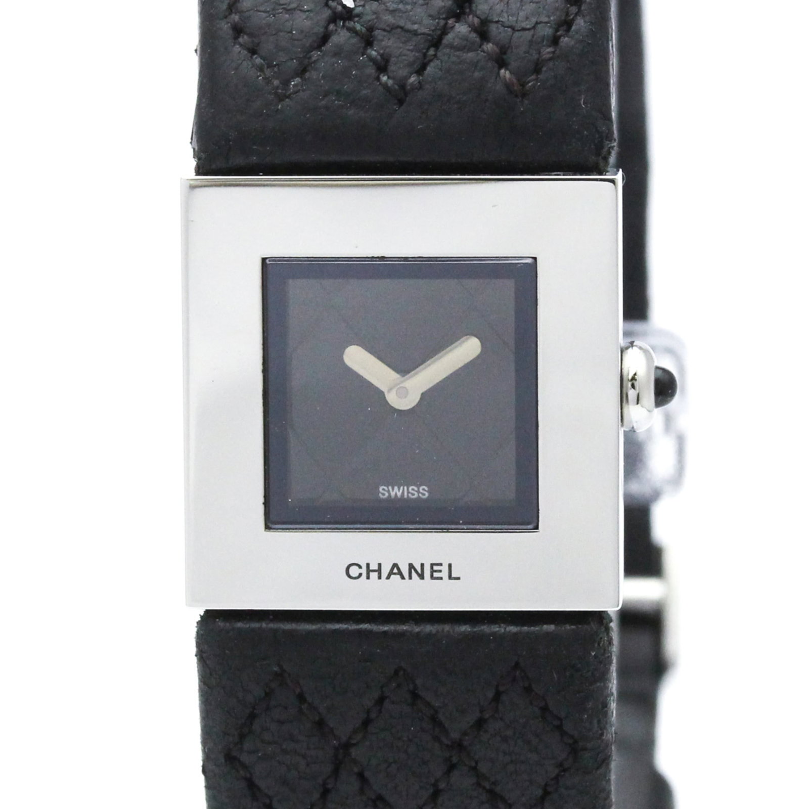 Chanel Wristwatch: Chanel Wristwatch Stainless steel case and black leather band complement the elegant design of this Chanel wristwatch, featuring a classic Matelasse style. The quartz movement ensures reliable timekee