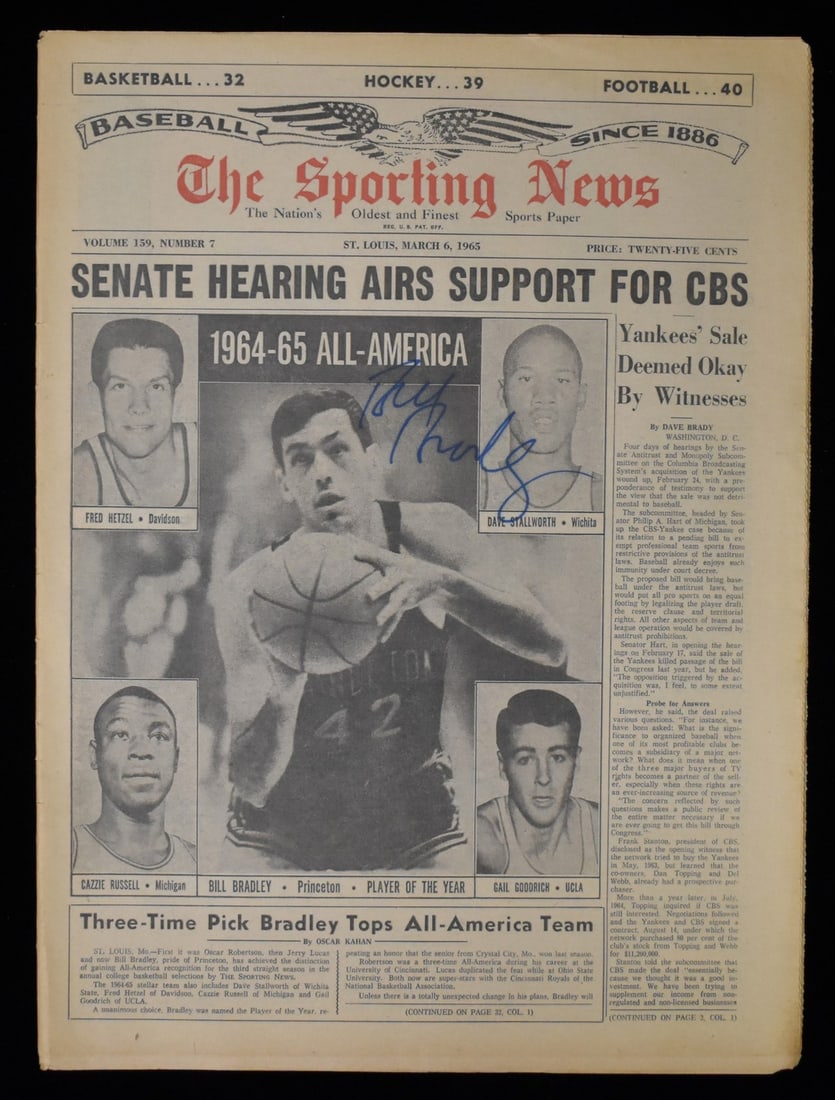Signed by Bradley Bill 1965 Princeton JSA The Sporting News: Signed by Bradley Bill 1965 Princeton JSA The Sporting News Signed by Bradley Bill in 1965, this Princeton JSA appears as an original photo. The Sporting News publication marks the notable moment