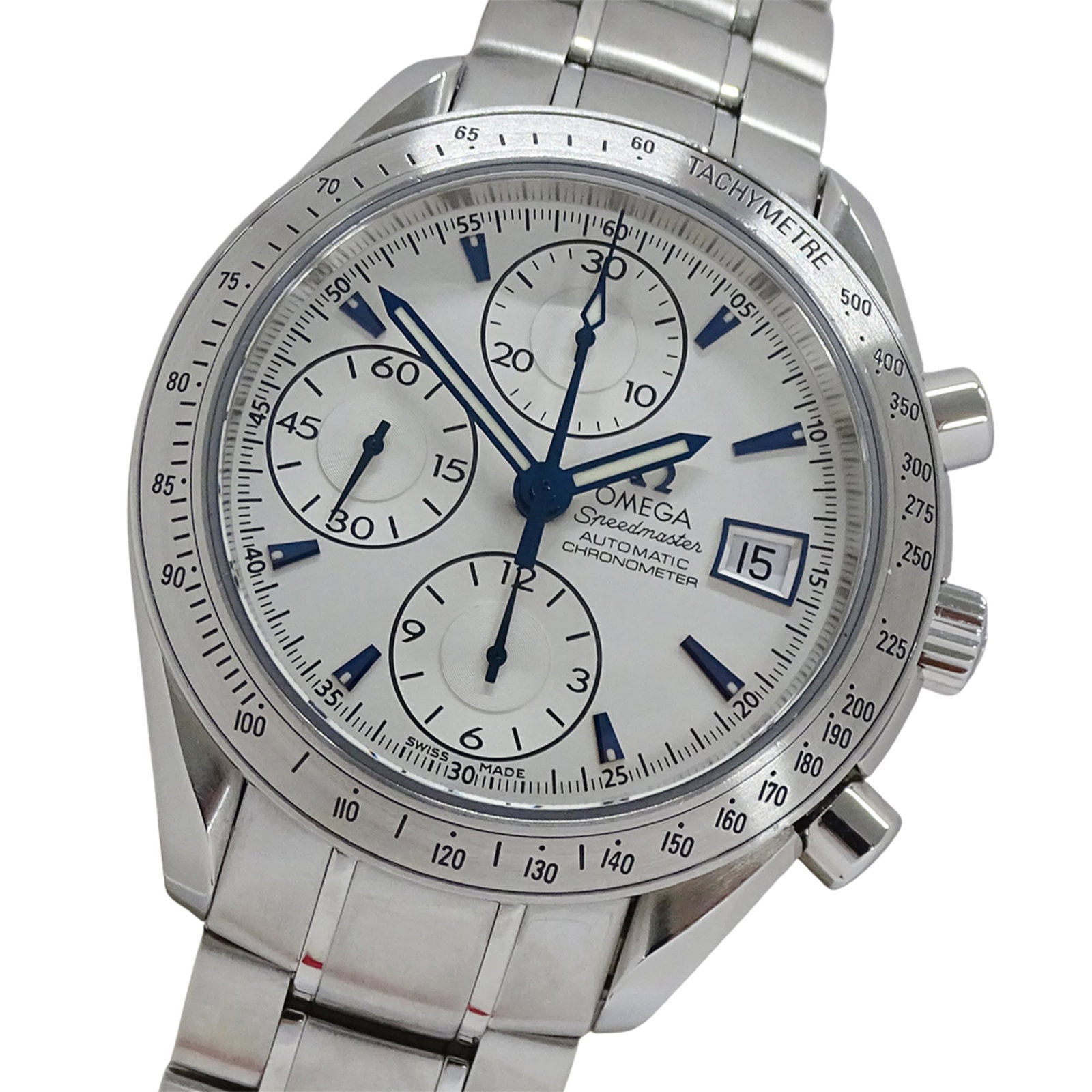 Omega Wristwatch: Omega Wristwatch Stainless steel case and band provide a sleek, modern look, while the silver dial adds a touch of sophistication. This self-winding automatic watch features a 39mm diameter case that 