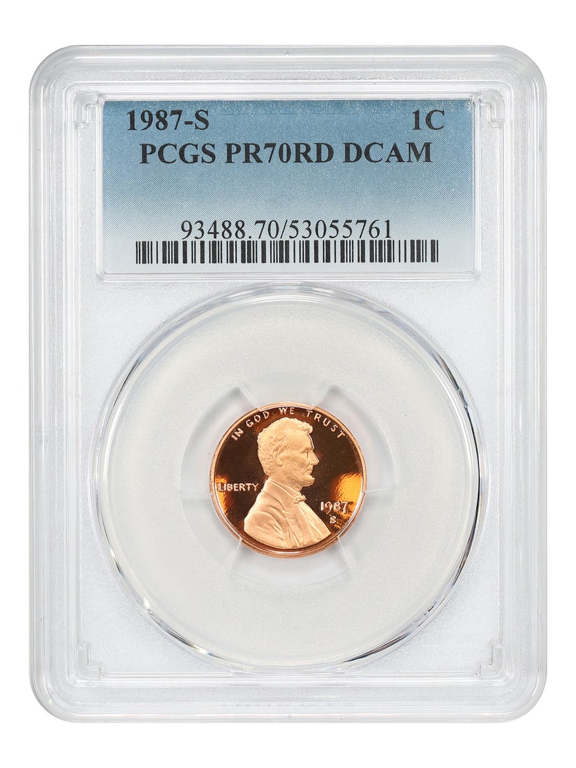 PCGS PR70RD DCAM 1C Lincoln Cent 1987-S: PCGS PR70RD DCAM 1C Lincoln Cent 1987-S PCGS PR70RD DCAM 1C Lincoln Cent 1987-S, a stunning example of uncirculated perfection from the San Francisco Mint. This coin boasts an impressive PR70RD grade 