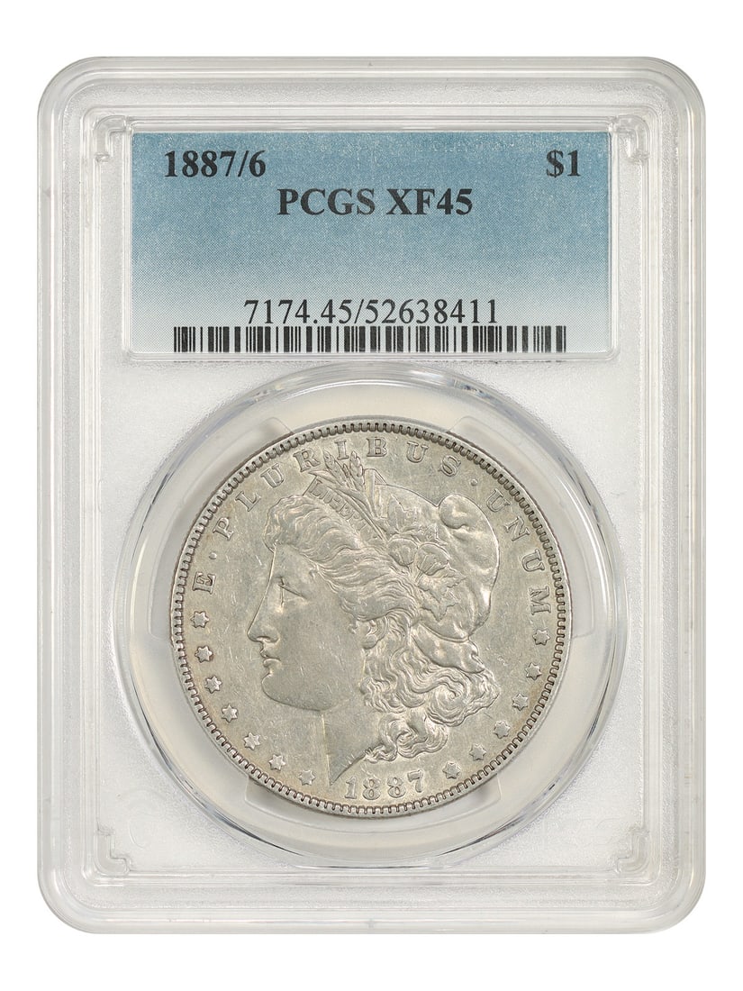 Scarce Overdate Morgan - 1887 6 Dollar PCGS XF45: Scarce Overdate Morgan - 1887 6 Dollar PCGS XF45 The 1887 Overdate Morgan dollar, graded XF45 by PCGS, boasts an intriguing rarity due to its overdated year. This circulated coin features the distinct
