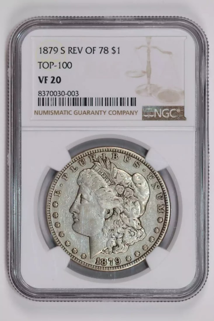 1879-S REVERSE 1878 MORGAN DOLLAR NGC VF20: 1879-S REVERSE 1878 MORGAN DOLLAR NGC VF20 The 1879-S Reverse 1878 Morgan Dollar features a striking reverse design, characteristic of the San Francisco mint. Certified by NGC as VF20, this circulated