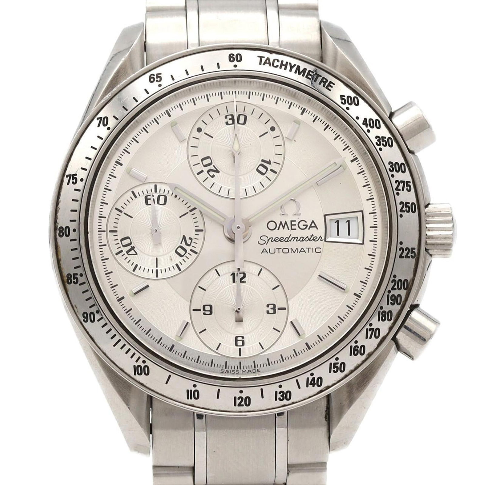 Omega Wristwatch: Omega Wristwatch Stainless steel case and band provide a sleek, modern look for the Omega wristwatch. The silver dial and self-winding automatic movement add to its sophisticated features. With a diam