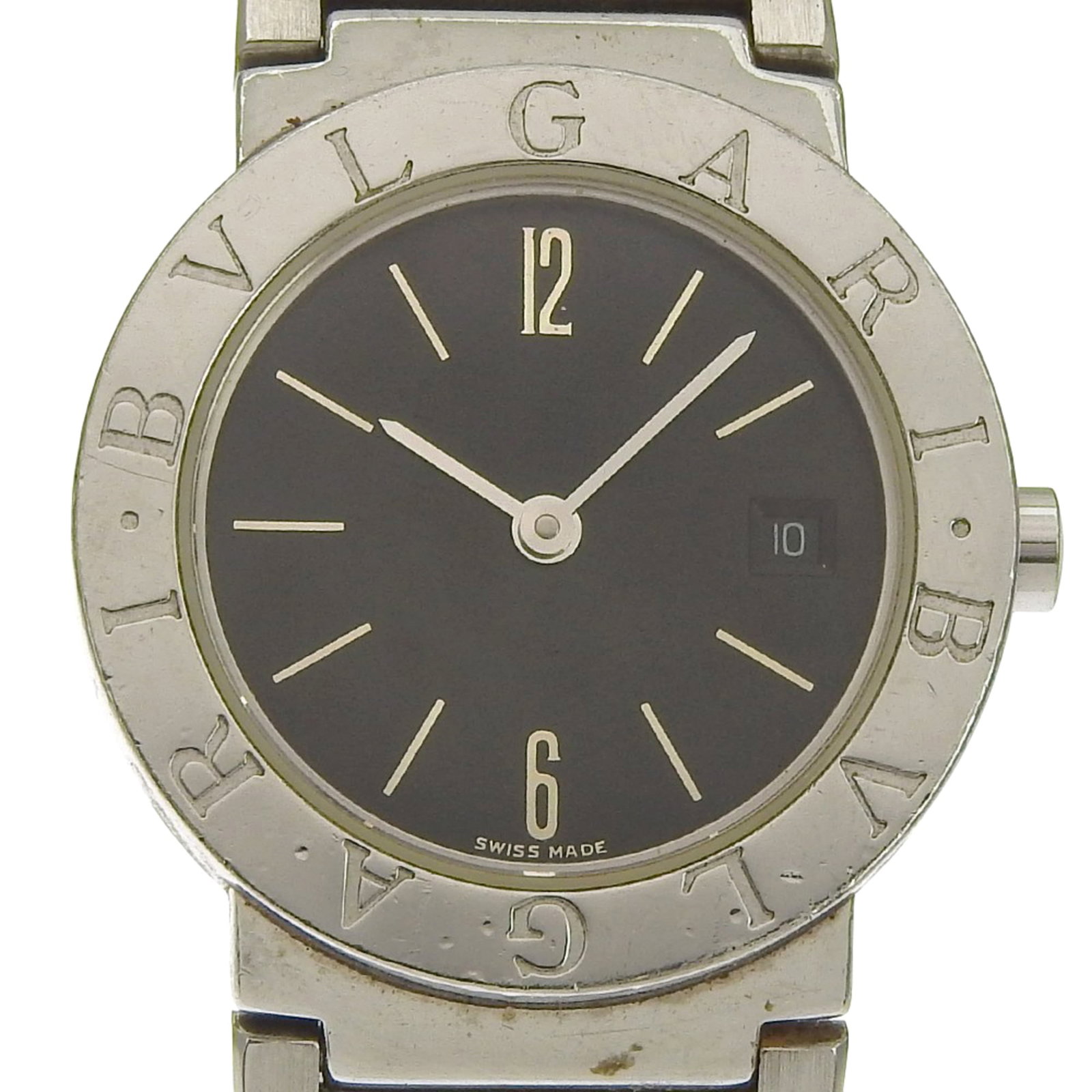 Bvlgari Wristwatch: Bvlgari Wristwatch Stainless steel case and band provide a sleek, modern look for the Bvlgari wristwatch. The black dial stands out against its sleek background, making it a stylish choice for everyda