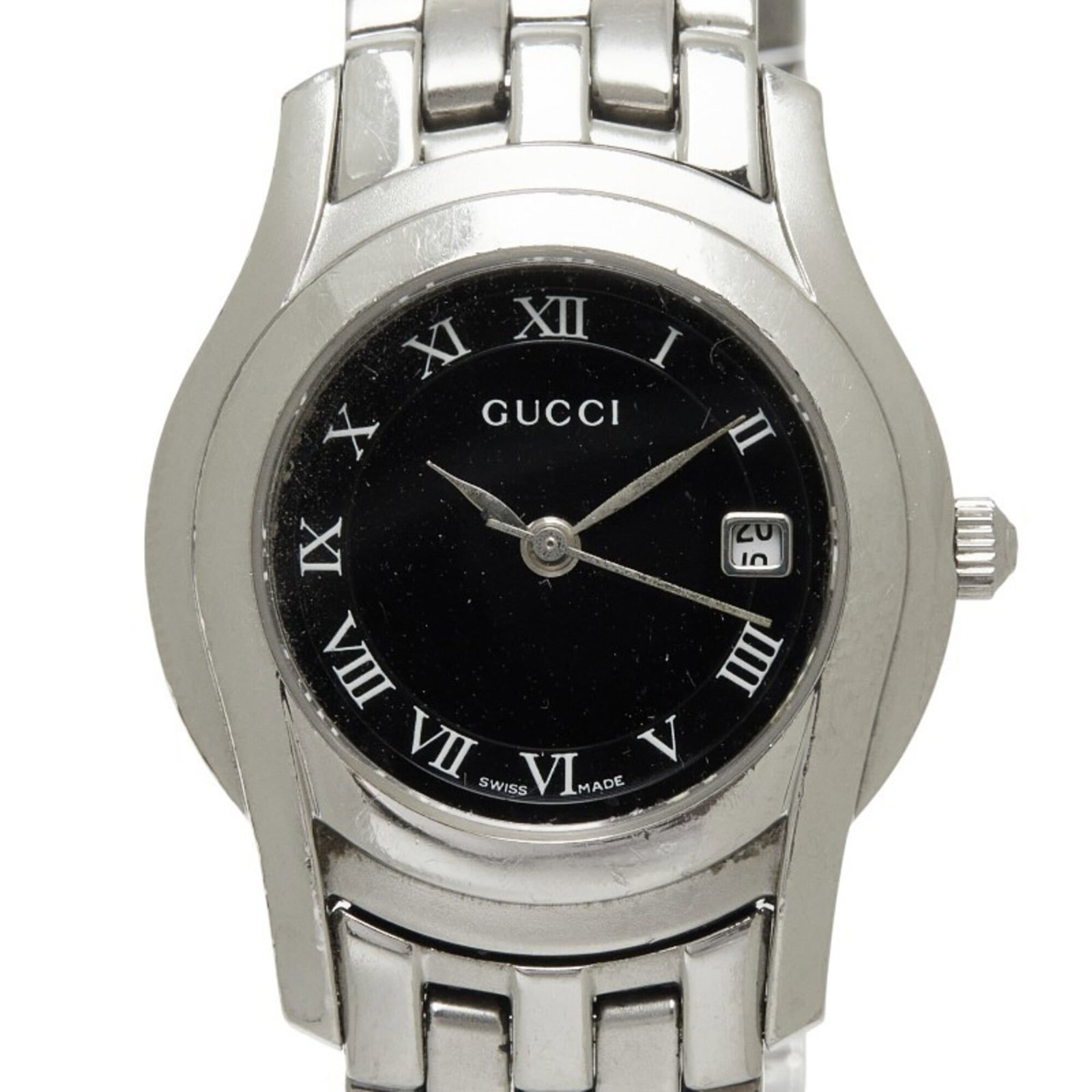Wristwatch from Gucci: Wristwatch from Gucci Stainless steel case and band provide a sleek, modern look for the Gucci wristwatch. The black dial stands out against its minimalist design, while quartz movement keeps time acc