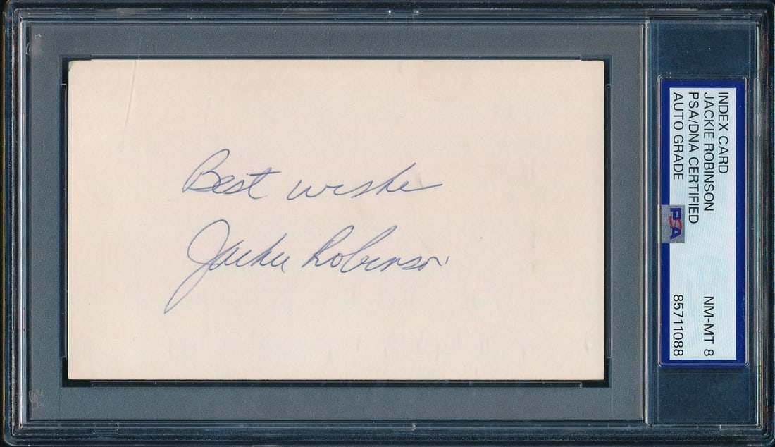Jackie Robinson HOF Signed/ Inscr 3x5 Index Card Dodgers PSA/ DNA NM-MT 8 210200: Jackie Robinson HOF Signed/ Inscr 3x5 Index Card Dodgers PSA/ DNA NM-MT 8 210200 Signed by Jackie Robinson, the trailblazing baseball legend and Hall of Famer, on a 3x5 index card. This rare item bear