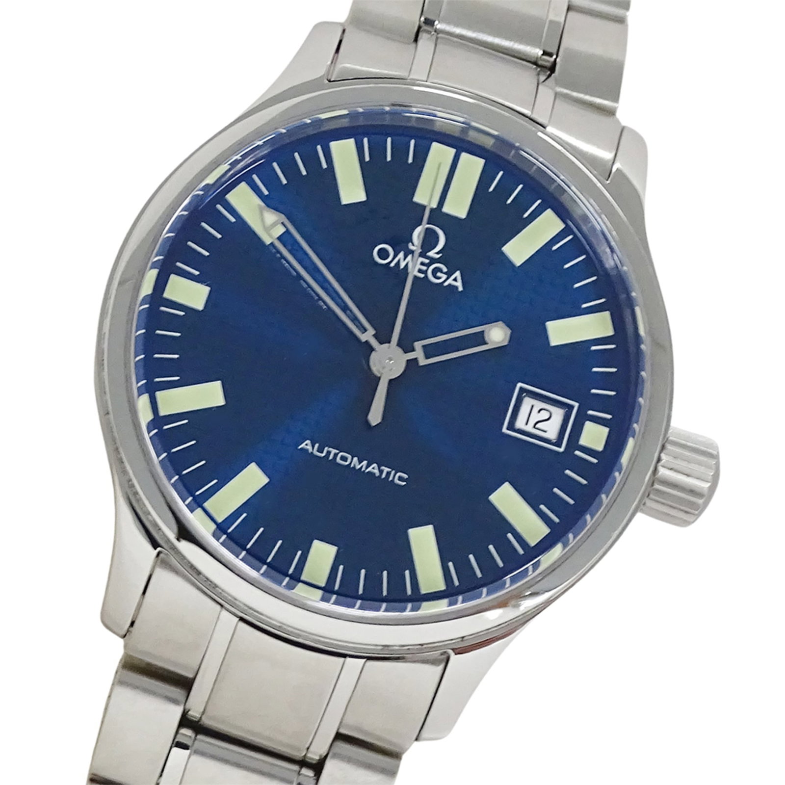 Omega Wristwatch: Omega Wristwatch Stainless steel case and band, featuring a blue dial, make for a sleek and modern design. Powered by an automatic self-winding movement, this Omega wristwatch is built to keep precise