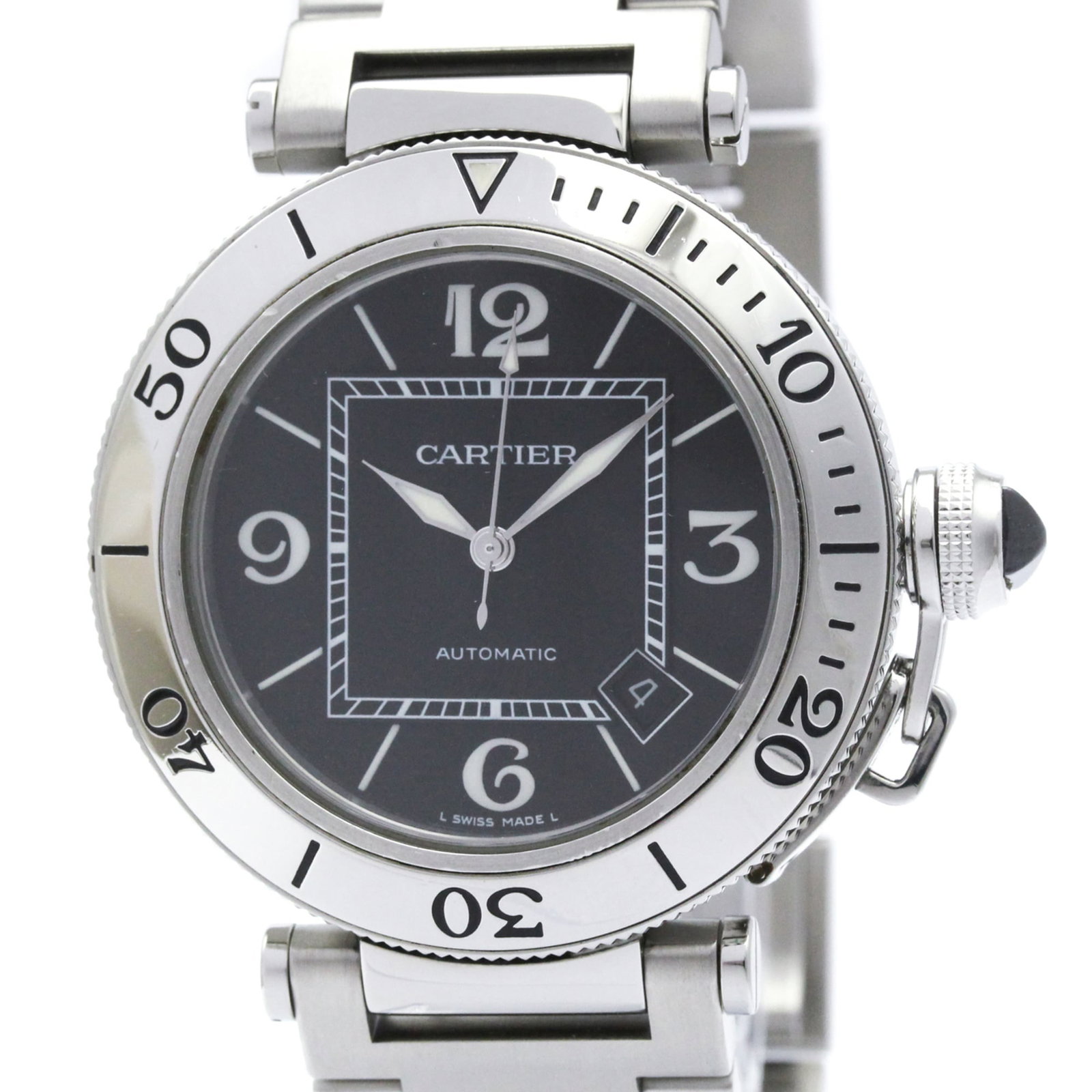 Cartier Wristwatch: Cartier Wristwatch The Cartier W31077M7 Pasha Seatimer wristwatch boasts a sleek black dial and stainless steel case, measuring 40mm in diameter. Powered by a self-winding automatic movement, this