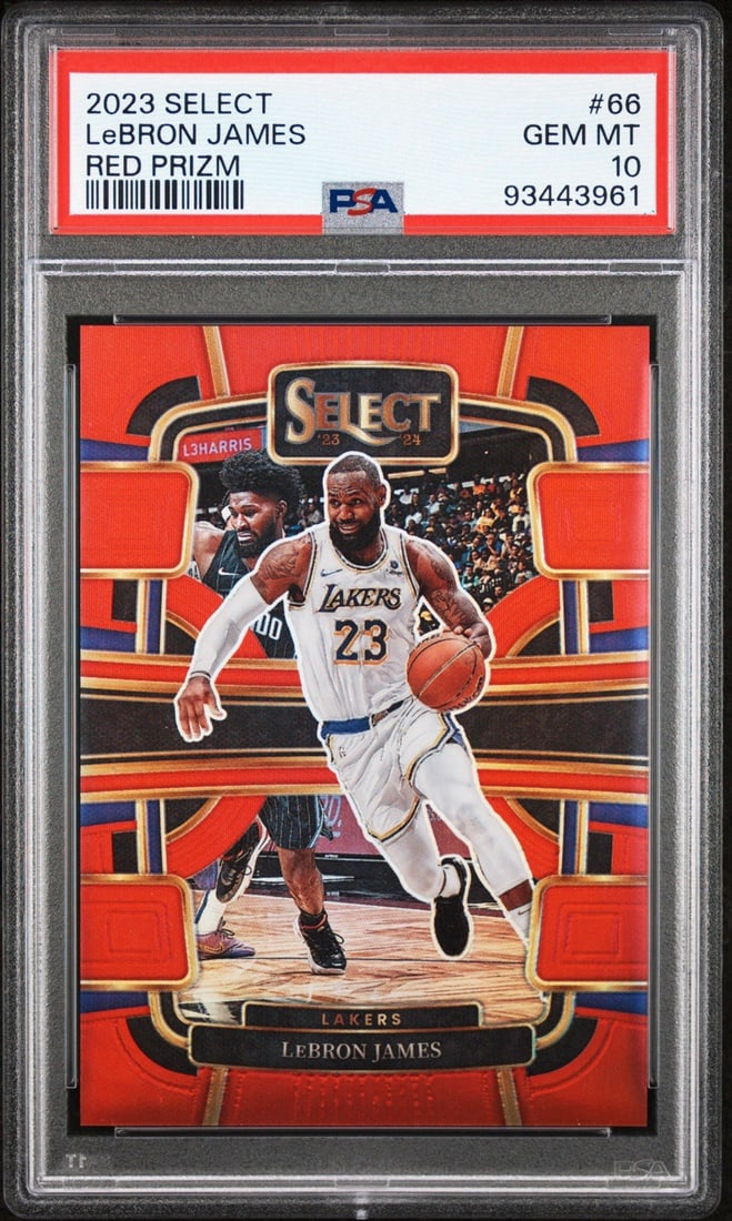 PANINI SELECT LEBRON JAMES #66 RED PRIZM 199 PSA 10: PANINI SELECT LEBRON JAMES #66 RED PRIZM 199 PSA 10 PSA 10 graded, the LeBron James #66 Red Prizm Cracked Ice card boasts an impressive PSA certification. This highly sought-after autographed sports t