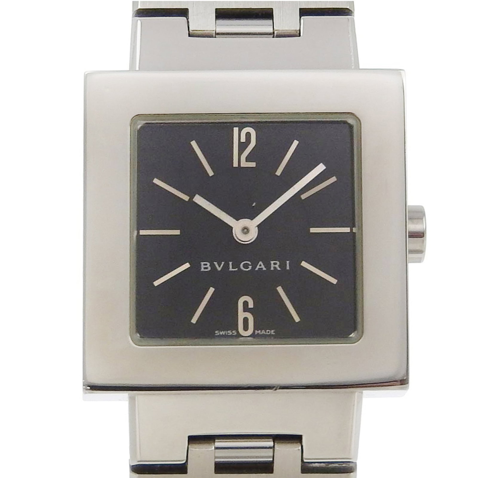 Bvlgari Wristwatch: Bvlgari Wristwatch Stainless steel case and band add a sleek touch to this black analog Bvlgari wristwatch, featuring a quartz movement for reliable timekeeping. The 22mm diameter case fits