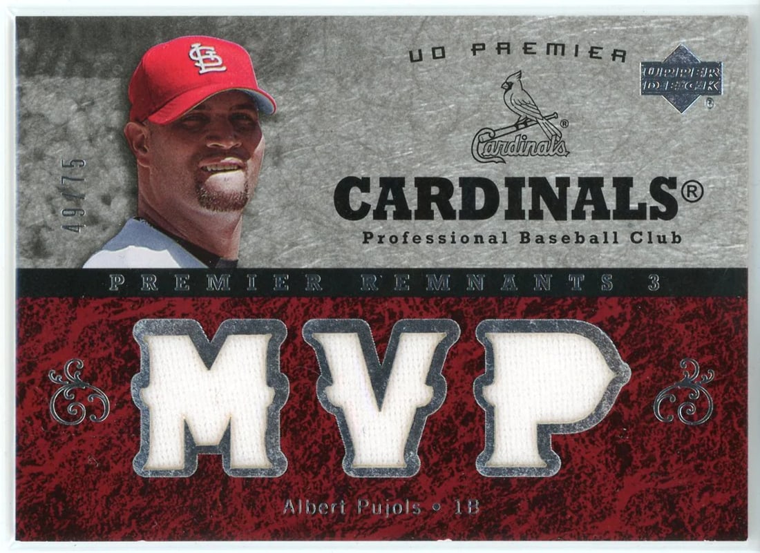 Albert Pujols 2007 Upper Deck Premier Remnants Patch Card #PR3-AP: Albert Pujols 2007 Upper Deck Premier Remnants Patch Card #PR3-AP Albert Pujols 2007 Upper Deck Premier Remnants Patch Card #PR3-AP, numbered 49 out of 75. This card features a remnants patch from Alb