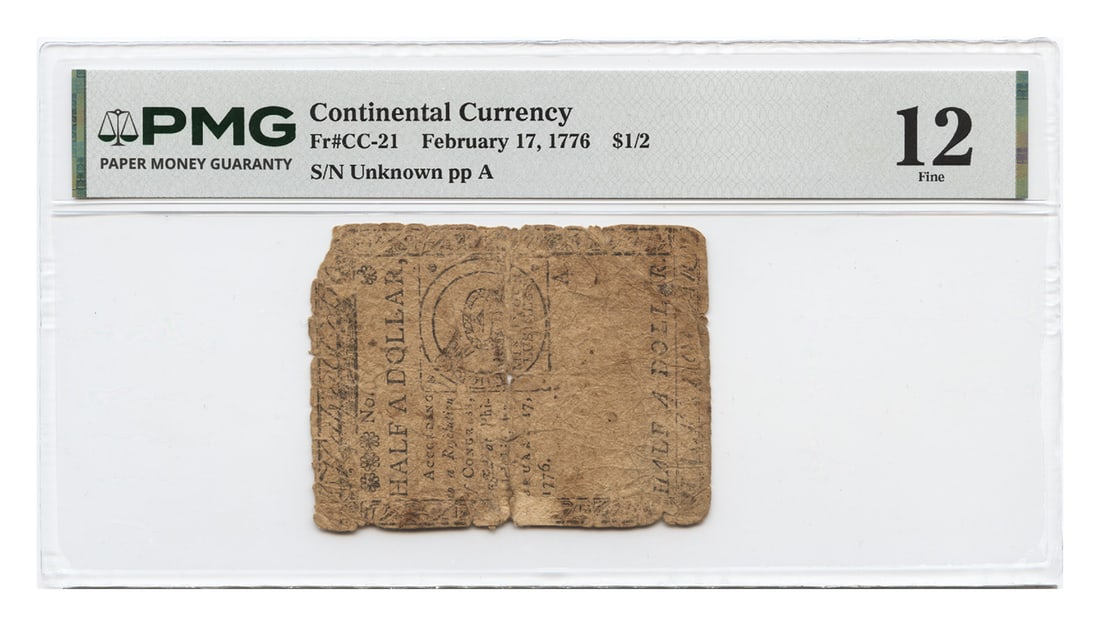 FR. CC-21 Feb. 17, 1776 $1/ 2 Continental Colonial Currency PMG Fine 12 - $1/ 2: FR. CC-21 Feb. 17, 1776 $1/ 2 Continental Colonial Currency PMG Fine 12 - $1/ 2 This $1/2 Continental Colonial Currency, dated February 17, 1776, is a rare and historic example of early American curre