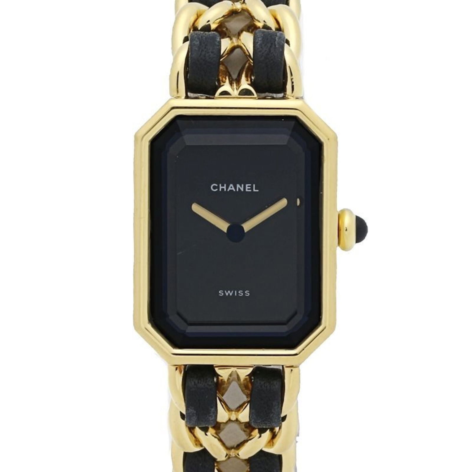 Chanel Wristwatch: Chanel Wristwatch Gold plated case and band, black dial, and leather strap make for a sleek and sophisticated timepiece. This Chanel wristwatch features a quartz movement and measures 20mm in diameter