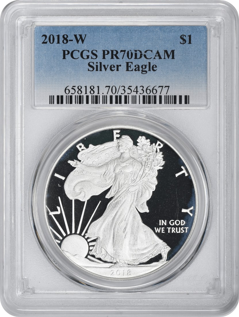 2018-W American Silver Eagle Dollar PR70DCAM PCGS: 2018-W American Silver Eagle Dollar PR70DCAM PCGS The 2018-W American Silver Eagle Dollar, graded PR70DCAM by PCGS, boasts exceptional proof quality and stunning silver content. This coin's precise