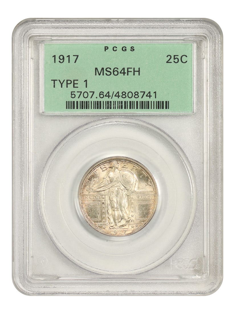 1917 25C PCGS MS64FH (Type 1, OGH) - Standing Liberty Quarter: 1917 25C PCGS MS64FH (Type 1, OGH) - Standing Liberty Quarter The 1917 Standing Liberty Quarter, graded MS64FH by PCGS, boasts an exceptional level of detail and luster. This Type 1 coin features a di