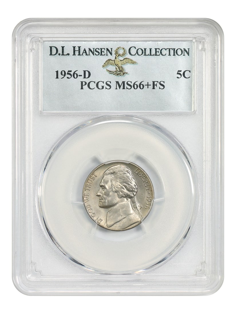 1956-D 5c PCGS MS66+FS ex: D.L. Hansen - Jefferson Nickel: 1956-D 5c PCGS MS66+FS ex: D.L. Hansen - Jefferson Nickel 1956-D Jefferson Nickel, graded MS66+ by PCGS, showcasing exceptional condition and detail. This coin has been certified by the renowned D.L. 
