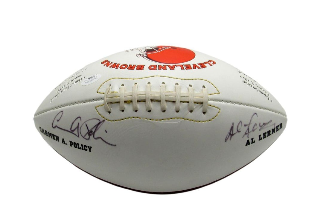 Carmen Policy/ Al Lerner Dual-Autographed Full Size Browns Logo Football JSA: Carmen Policy/ Al Lerner Dual-Autographed Full Size Browns Logo Football JSA Carmen Policy and Al Lerner have both signed this full-size Cleveland Browns logo football, bearing the JSA authentication 