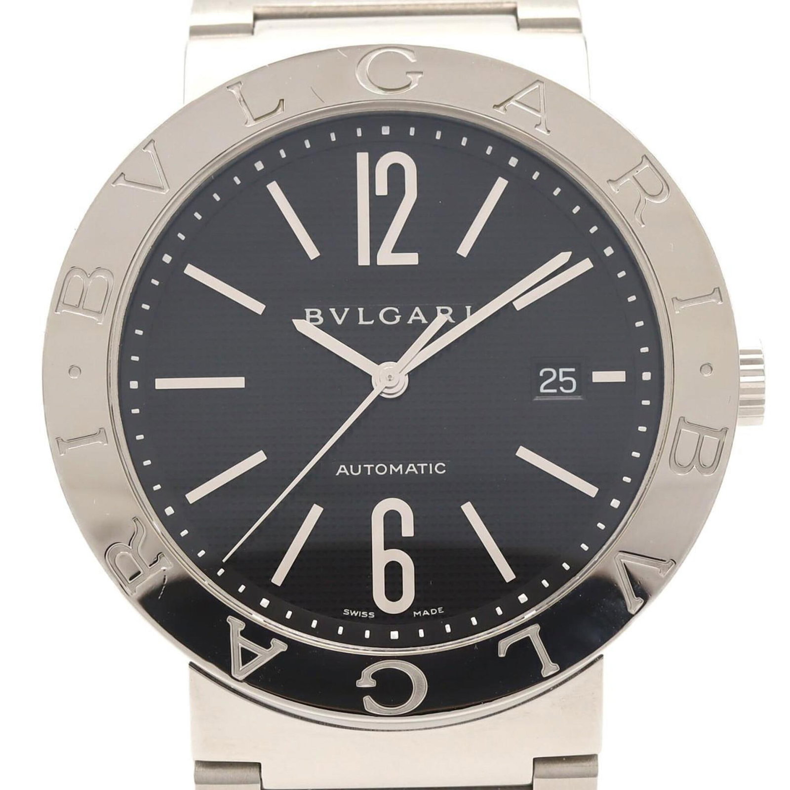 Bvlgari Wristwatch: Bvlgari Wristwatch Bvlgari's stainless steel wristwatch boasts a sleek black dial and automatic self-winding movement, making it a stylish accessory for everyday wear. The watch features a durable cas