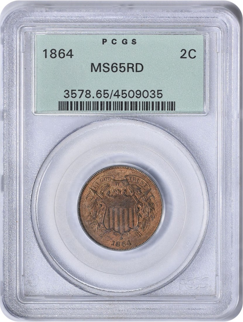 1864 Two Cent Piece Large Motto MS65RD PCGS: 1864 Two Cent Piece Large Motto MS65RD PCGS The 1864 Two Cent Piece Large Motto MS65RD PCGS is a highly graded, uncirculated coin featuring the iconic large motto design. Certified by PCGS as MS65 RD,