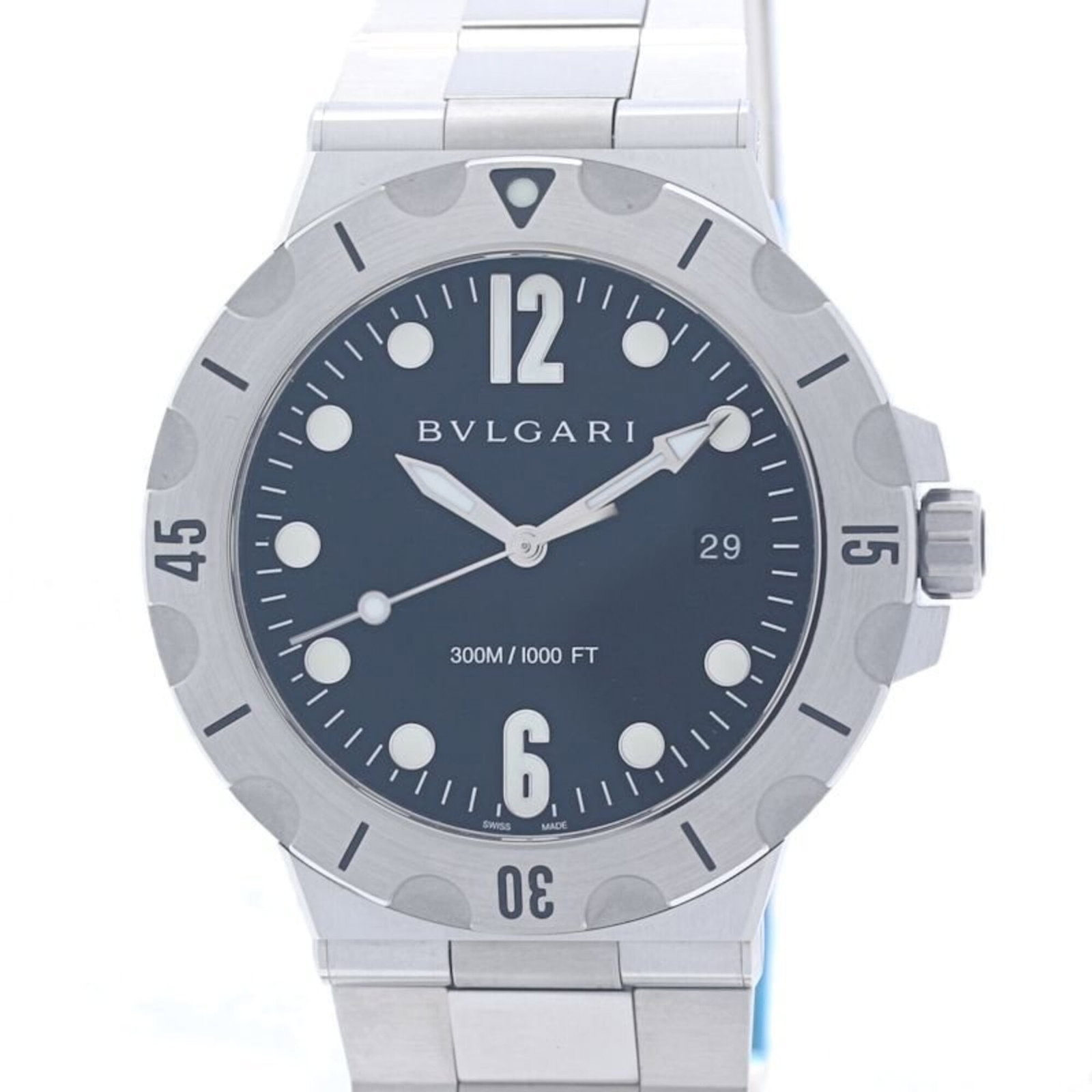 Bvlgari Wristwatch: Bvlgari Wristwatch Stainless steel case and band provide a sleek, modern look for the Bvlgari wristwatch. The self-winding automatic movement keeps time with precision, while the black dial adds a tou