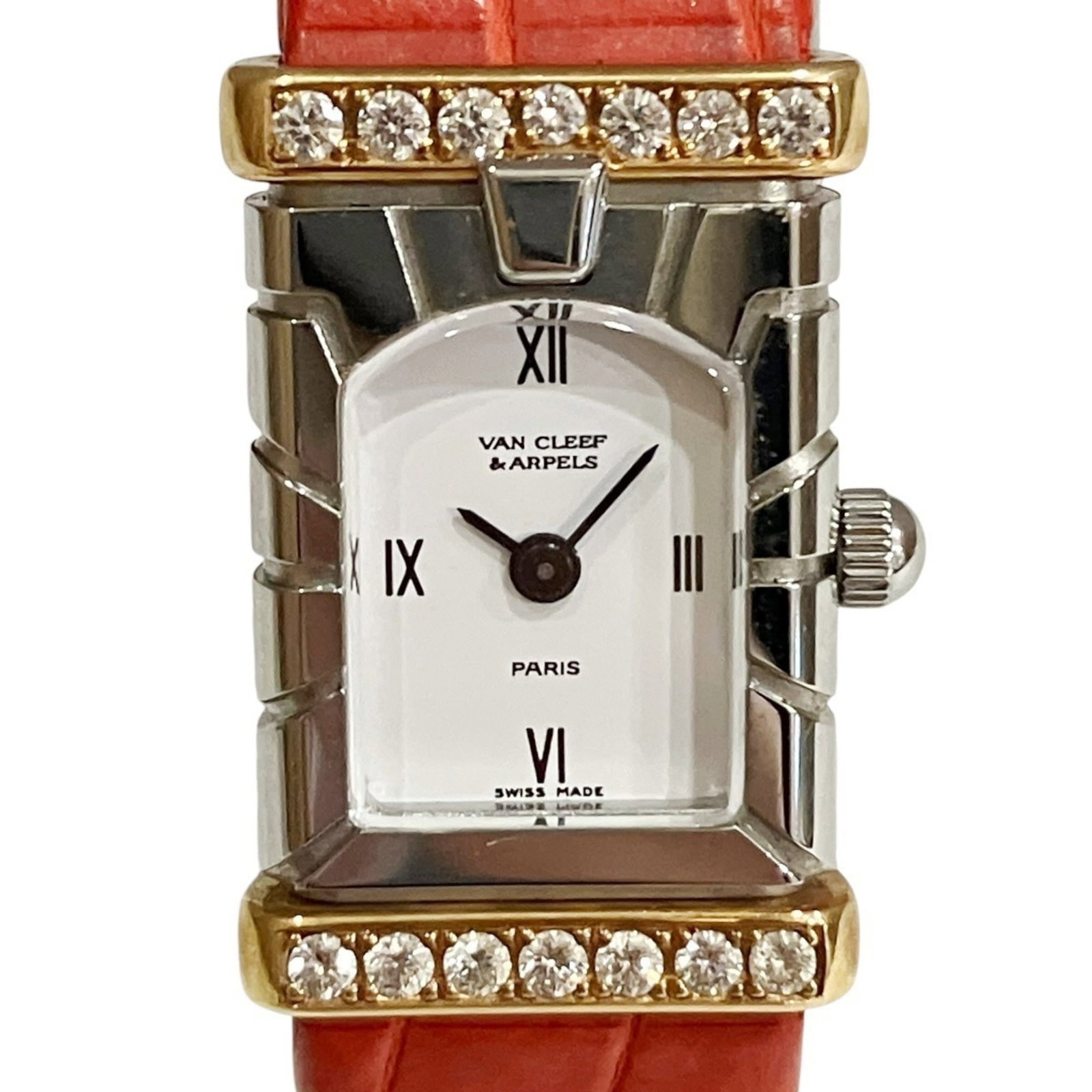 Van Cleef & Arpels Wristwatch: Van Cleef & Arpels Wristwatch Stainless steel case and leather band create a sleek, sophisticated look for this Van Cleef & Arpels wristwatch. The white dial stands out against the neutral background,