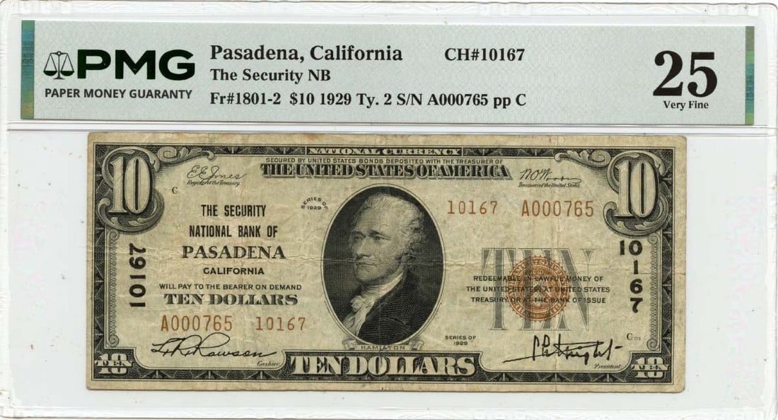 1929 $10 National FR#1801-2 Security NB Pasadena, California CH#10167 PMG VF25: 1929 $10 National FR#1801-2 Security NB Pasadena, California CH#10167 PMG VF25 The 1929 $10 National FR#1801-2 Security note features a unique design with its signature serial number, CH#10167. Printe