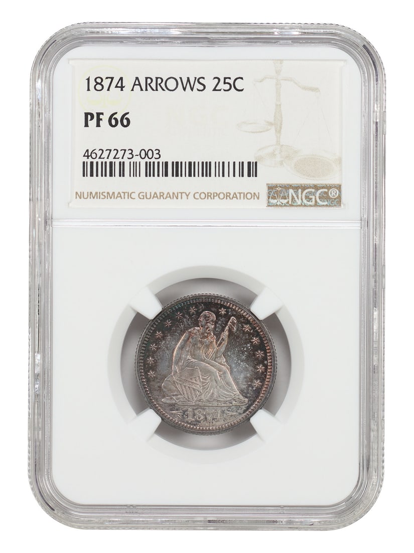 1874 25c NGC PR66 (Arrows) - Liberty Seated Quarter - Scarce Proof Type Coin: 1874 25c NGC PR66 (Arrows) - Liberty Seated Quarter - Scarce Proof Type Coin The 1874 25c NGC PR66 (Arrows) - Liberty Seated Quarter is a scarce proof type coin, featuring the iconic Arrow design. Cer