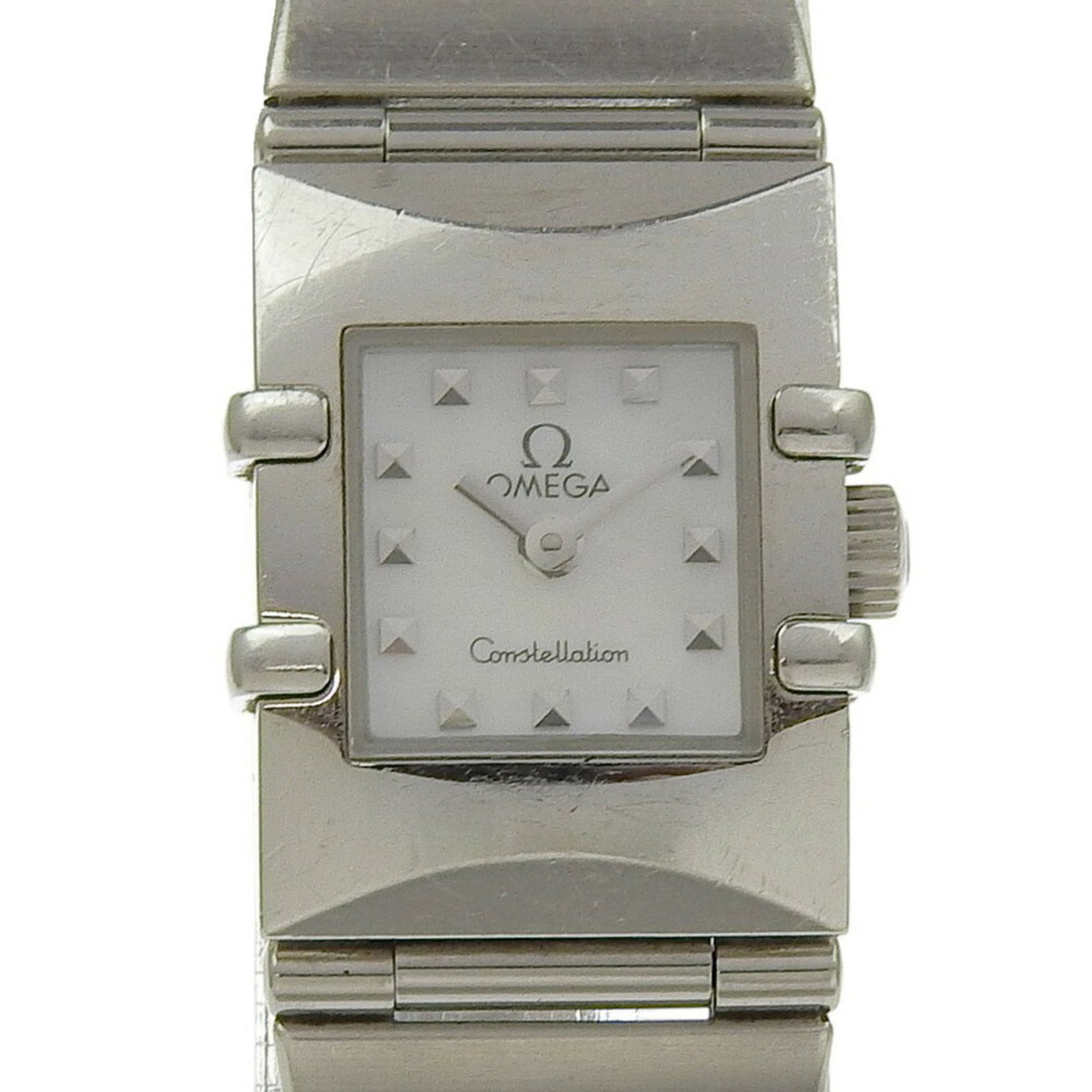 Omega Wristwatch: Omega Wristwatch Stainless steel case and band provide a sleek, modern look for the Omega Constellation women's wristwatch. The white shell dial adds a touch of elegance to this quartz-powered timepie