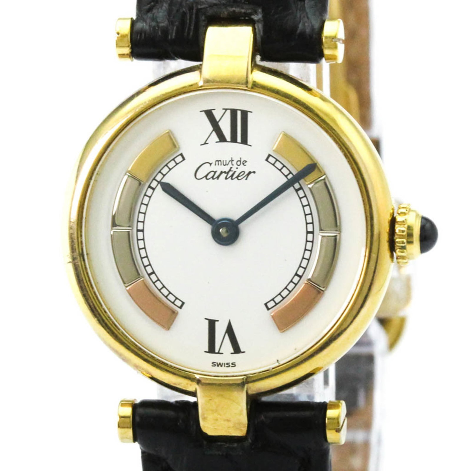 Cartier Wristwatch: Cartier Wristwatch Cartier Wristwatch, featuring a gold plated case and white dial, sits elegantly on a leather band. This quartz-powered timepiece boasts a sleek design with a diameter of 24mm. With
