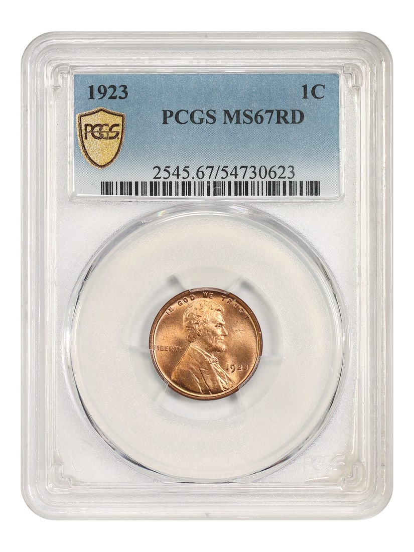 1923 1C PCGS MS67RD - Lincoln Cent (Wheat Reverse): 1923 1C PCGS MS67RD - Lincoln Cent (Wheat Reverse) The 1923 Lincoln Cent, graded MS67RD by PCGS, boasts an impressive level of detail and luster. With its distinctive wheat reverse design and rich red