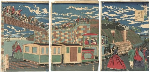 Yoshitoshi Woodblock Print Triptych Tokyo Takanawa Steam Locomotive 1871: Yoshitoshi Woodblock Print Triptych Tokyo Takanawa Steam Locomotive 1871 Item Specifics: Artist: Tsukioka Yoshitoshi Subject: Railway Steam Locomotive Meiji Era Modernization Material: Paper Style: Ja