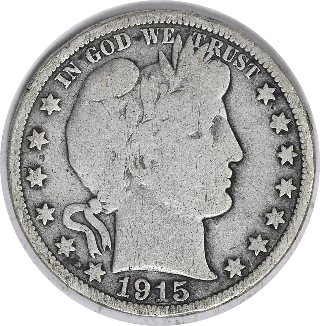 Uncertified Silver Half Dollar 1915 Barber Dollar: Uncertified Silver Half Dollar 1915 Barber Dollar The 1915 Barber Dollar features an iconic design with its classic portrait and flowing hair, set against a silver background. This circulated coin sho