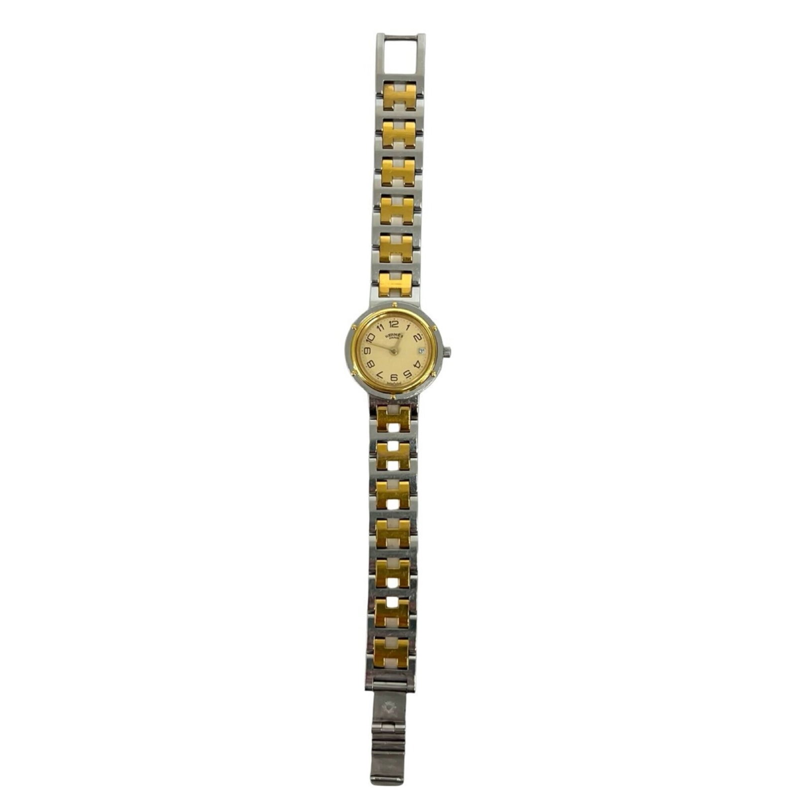 Hermes Wristwatch: Hermes Wristwatch Gold plated and stainless steel, this Hermes wristwatch boasts a sleek design with a 24mm case diameter. The quartz movement ensures reliable timekeeping, while the gold plated band