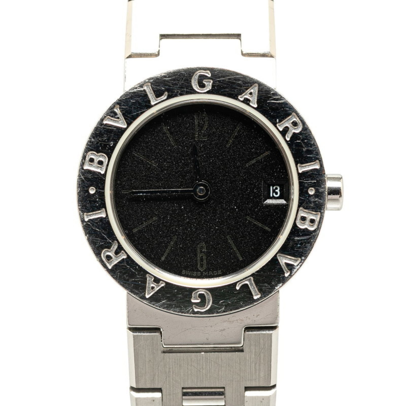 Bvlgari Wristwatch: Bvlgari Wristwatch Stainless steel case and band, the Bvlgari wristwatch presents a sleek black dial. With quartz movement and features such as date and perpetual calendar display, this timepiece