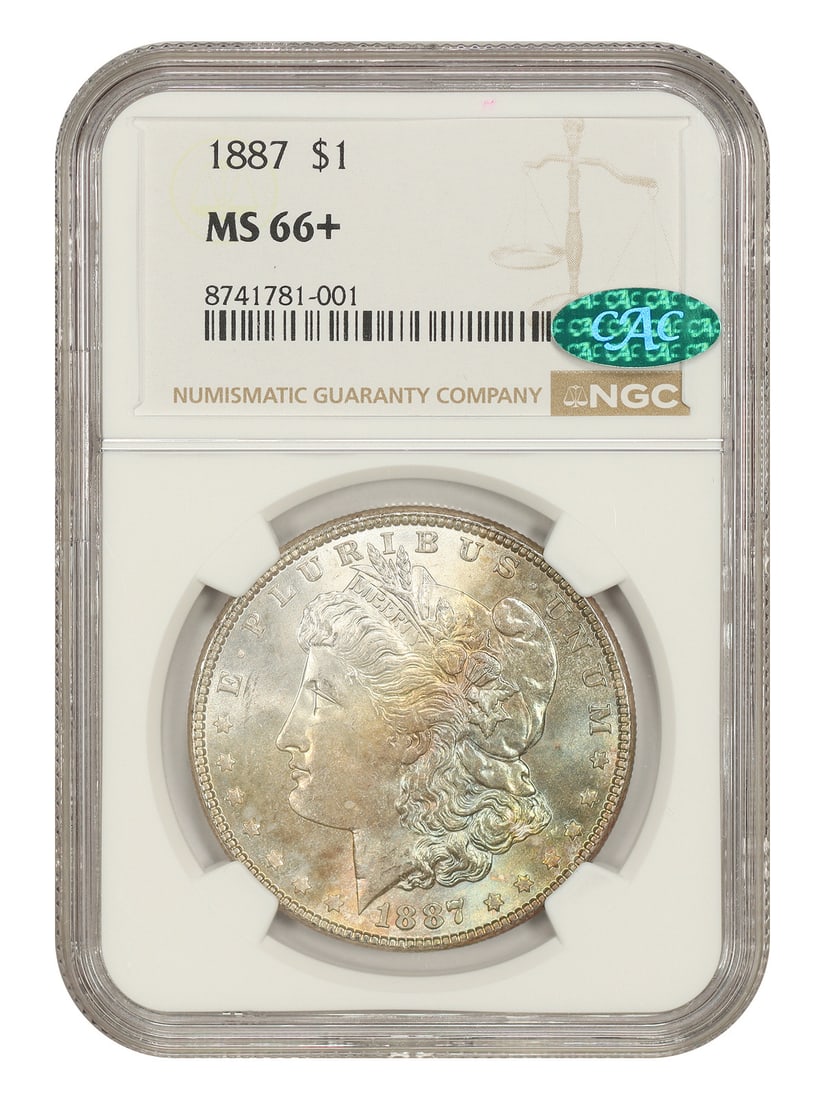 Morgan Dollar Popular Collector Date NGC/ CAC MS66+ 1887: Morgan Dollar Popular Collector Date NGC/ CAC MS66+ 1887 NGC/ CAC MS66+ certified Morgan Dollar, minted in Philadelphia in 1887. This uncirculated coin boasts exceptional condition with a high grade o