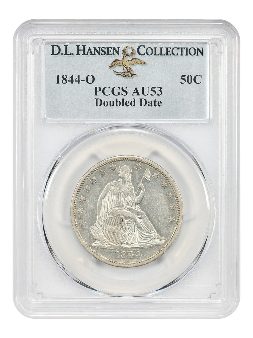 1844-O 50C PCGS AU53 (Doubled Date) ex: D.L. Hansen - Liberty Seated Half Dollar: 1844-O 50C PCGS AU53 (Doubled Date) ex: D.L. Hansen - Liberty Seated Half Dollar 1844-O 50C PCGS AU53 (Doubled Date) ex: D.L. Hansen - Liberty Seated Half Dollar features a notable doubled date error,