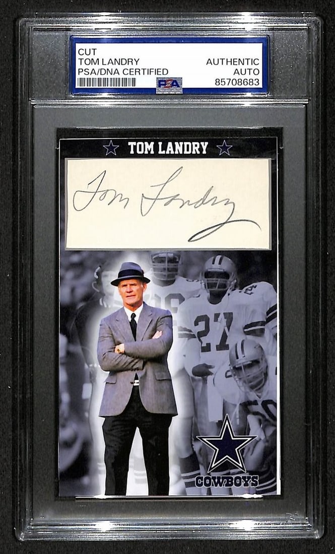Tom Landry HOF Autographed/ Signed Cut 3x5 Custom Card PSA/ DNA Cowboys BA203700: Tom Landry HOF Autographed/ Signed Cut 3x5 Custom Card PSA/ DNA Cowboys BA203700 Tom Landry's Hall of Fame cut autographed card features his signature on a 3x5 custom-cut piece, showcasing the legenda