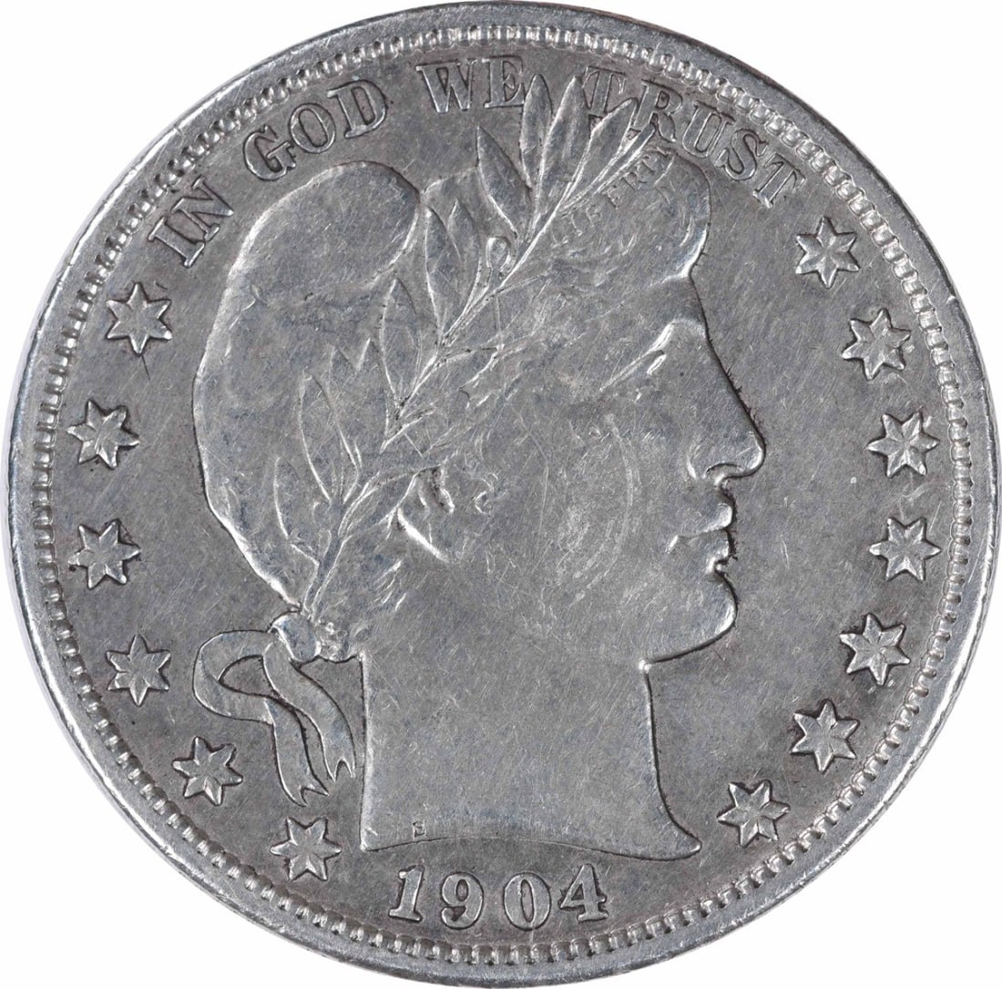 Uncertified EF Silver Half Dollar 1904-S Barber: Uncertified EF Silver Half Dollar 1904-S Barber The 1904-S Barber Half Dollar features an EF grade, indicating a high level of detail and preservation. This circulated coin bears the mark of the San F