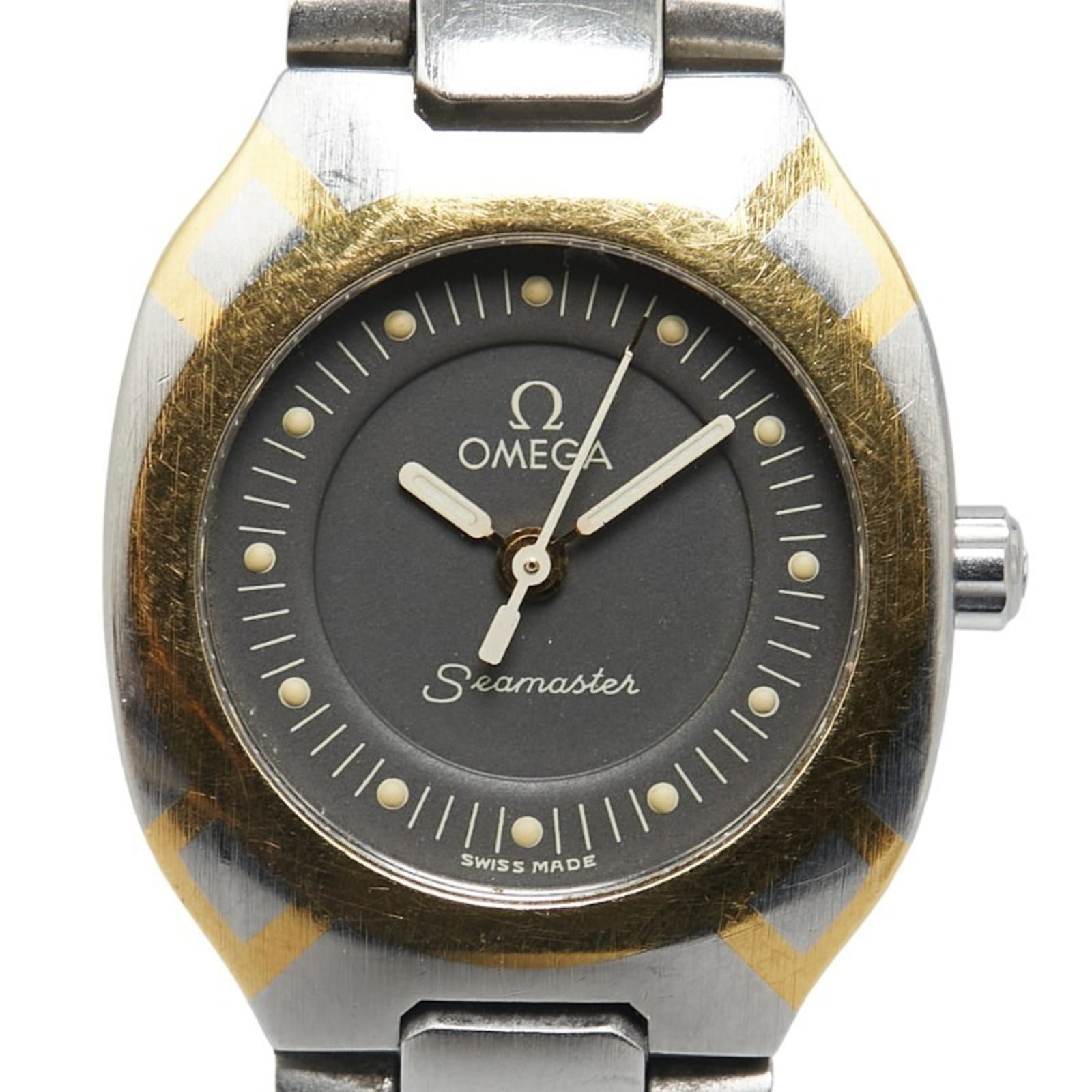 Omega Wristwatch: Omega Wristwatch Silver Omega Seamaster women's wristwatch with a black dial, featuring an analog display and quartz movement. Made from durable stainless steel, the watch has a sleek design with a ca
