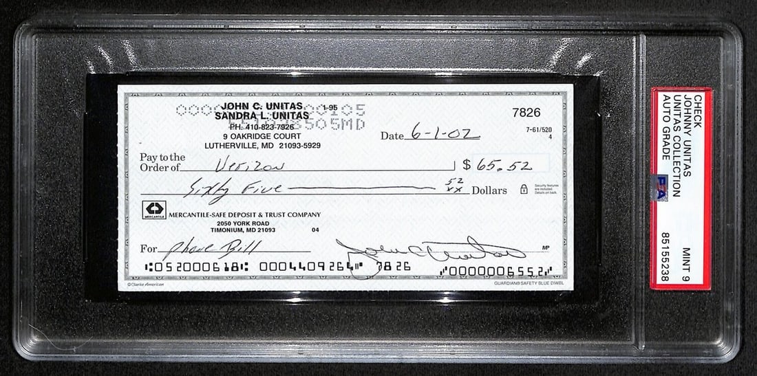 Johnny Unitas Signed 6/ 1/ 02 Check PSA/ DNA MINT 9 188662: Johnny Unitas Signed 6/ 1/ 02 Check PSA/ DNA MINT 9 188662 Johnny Unitas' 6/1/02 check, certified by PSA/DNA as a Mint 9 (188662), bears the signature of the legendary Baltimore Colts quarterback. Thi