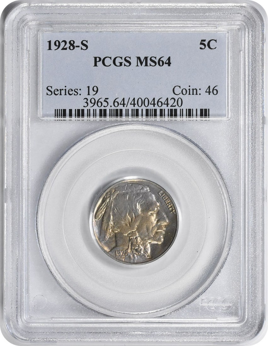 Buffalo Nickel MS64 1928 S PCGS: Buffalo Nickel MS64 1928 S PCGS MS64 graded Buffalo Nickel from 1928, certified by PCGS as Circulated/Uncirculated. This coin features the iconic design of the Buffalo nickel, minted at the San Franci