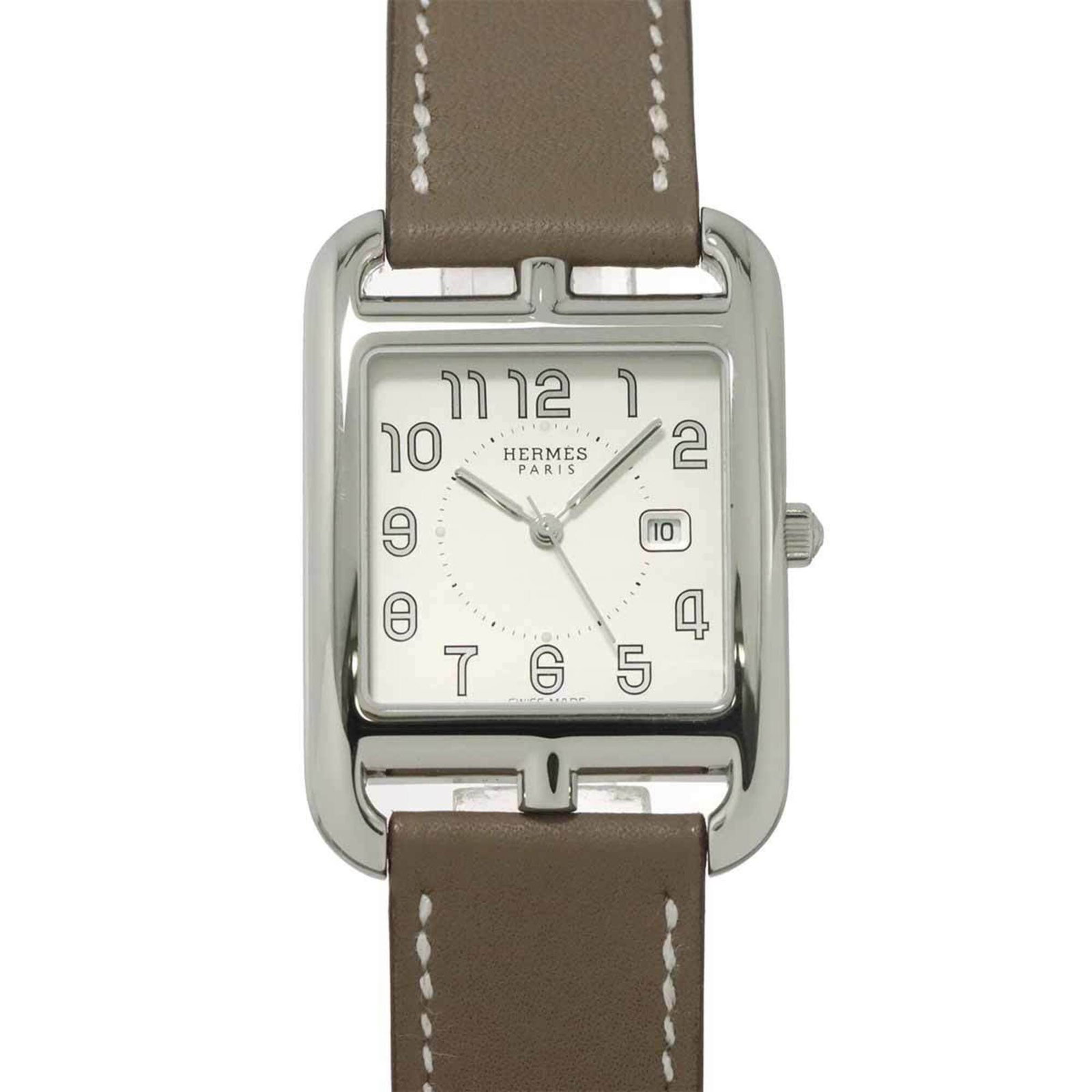 Hermes Wristwatch: Hermes Wristwatch Stainless steel case and silver dial make for a sleek, modern look. This quartz wristwatch from Hermes features a durable leather strap that complements its sleek design. With a 29mm