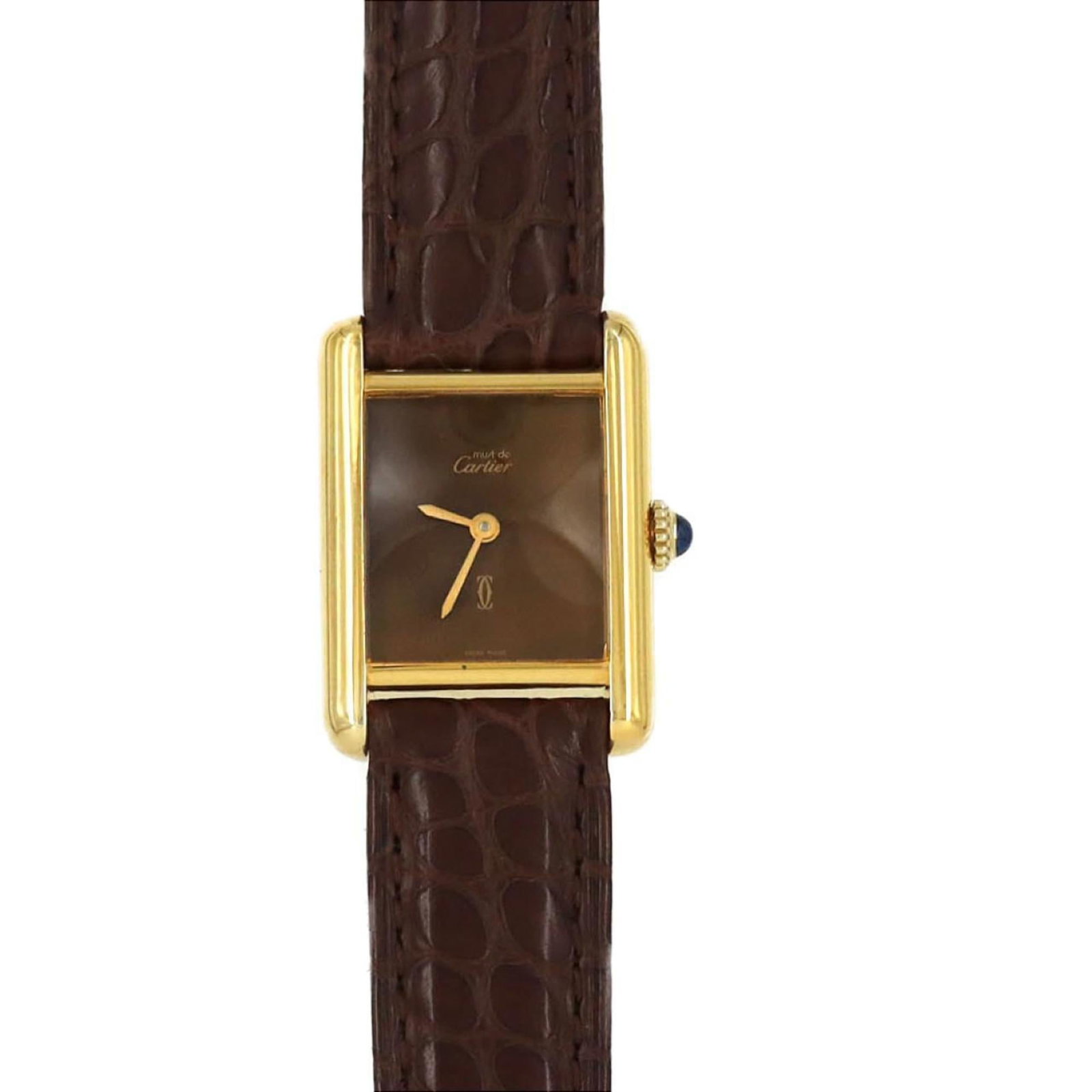 Cartier Wristwatch: Cartier Wristwatch Cartier's gold plated wristwatch boasts a sleek 20.5mm case diameter, making it a stylish accessory for women. Powered by a manual winding mechanical movement, this timepiece