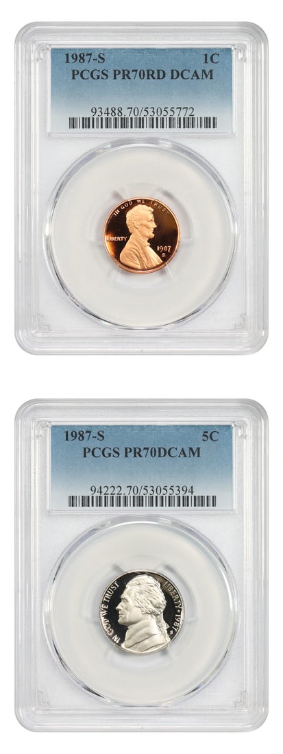 PCGS PR70DCAM 1987-S Lincoln Cent 1c 5c 2 coins: PCGS PR70DCAM 1987-S Lincoln Cent 1c 5c 2 coins PCGS PR70DCAM 1987-S Lincoln Cent 1c and 5c coins showcase exceptional preservation, with both coins certified as uncirculated by the renowned PCGS orga