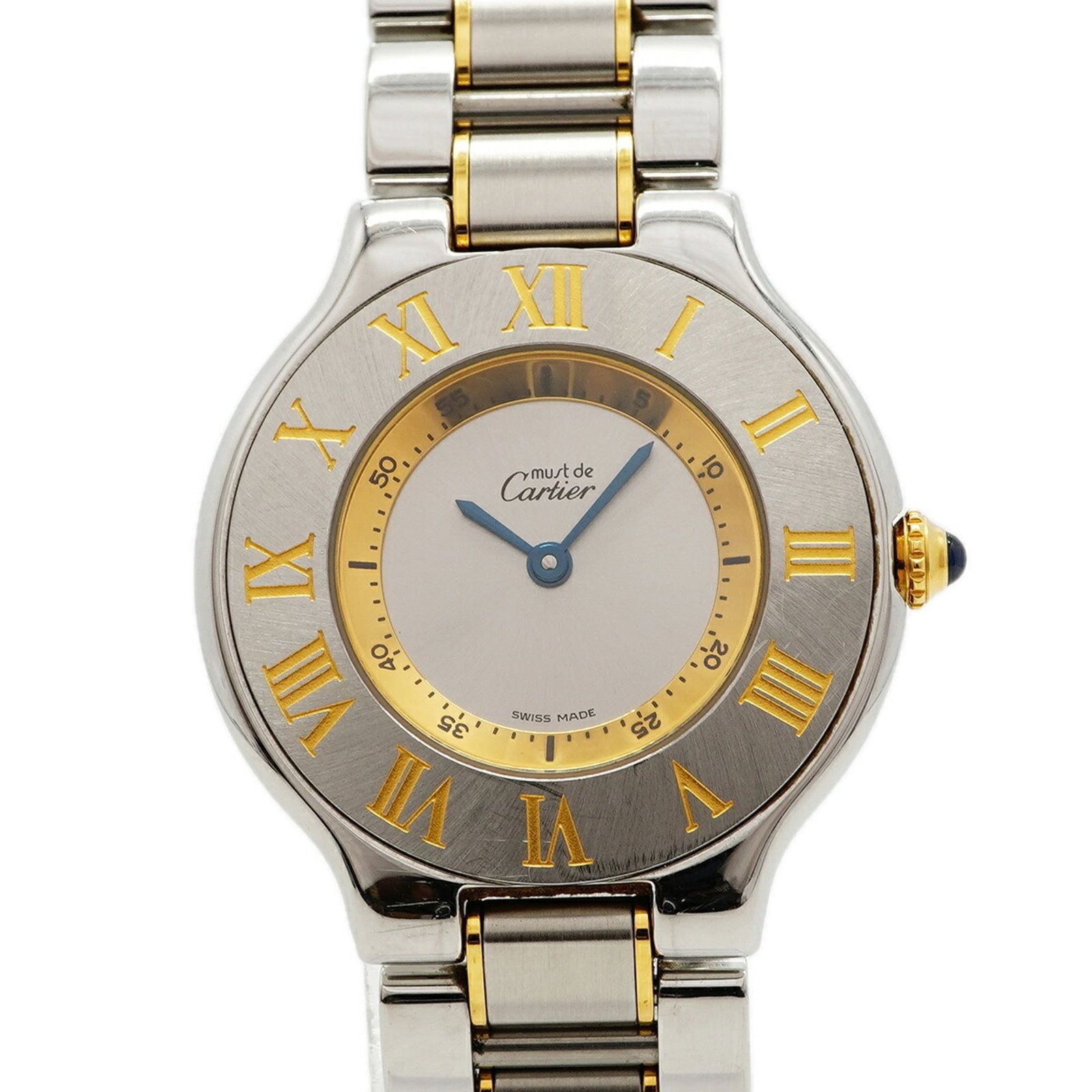 Cartier Wristwatch: Cartier Wristwatch Stainless steel and yellow gold band, the Cartier wristwatch boasts a sleek silver dial, while its quartz movement keeps time with precision. With a case diameter of 31.2mm and a