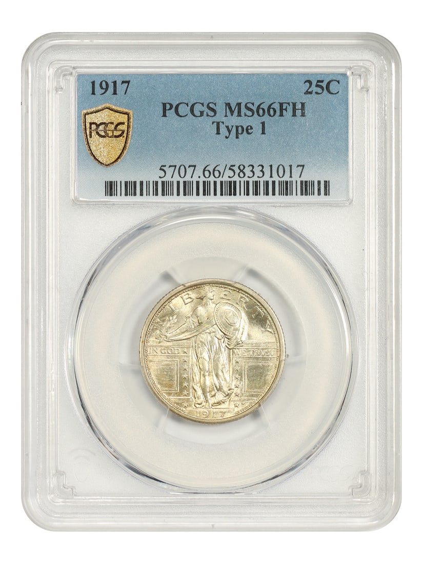 1917 25C PCGS MS66FH (Type 1) - Standing Liberty Quarter: 1917 25C PCGS MS66FH (Type 1) - Standing Liberty Quarter The 1917 Standing Liberty Quarter, graded MS66FH by PCGS, boasts exceptional detail and luster in its Type 1 design. This uncirculated coin sho