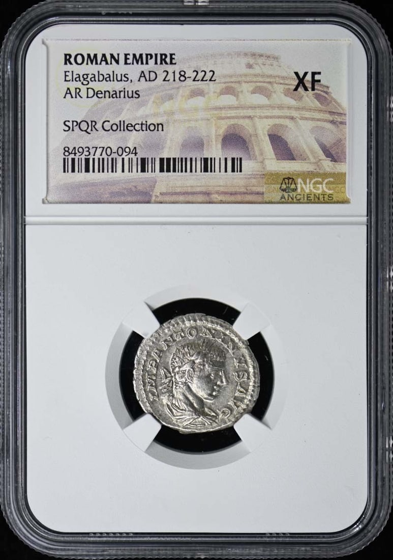 Elagabalus, AD 218-222 ROMAN EMPIRE AR Denarius NGC XF40: Elagabalus, AD 218-222 ROMAN EMPIRE AR Denarius NGC XF40 Elagabalus, AD 218-222 Roman Empire AR Denarius NGC XF40 bears the certification of NGC and holds a grade of XF40. This coin features the notab